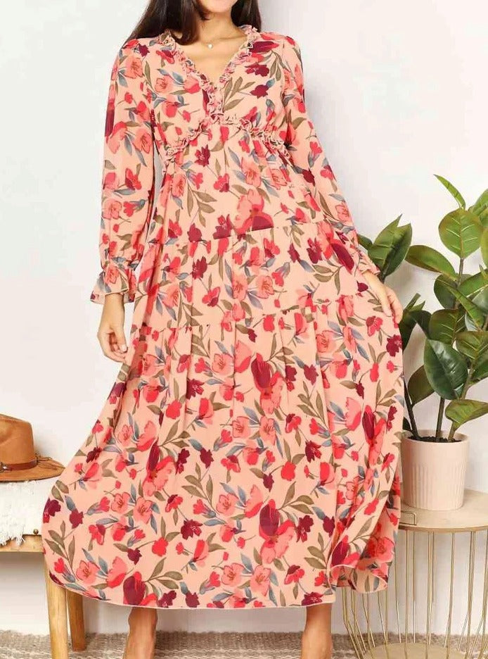 Women's Double Take Floral Frill Trim Flounce Sleeve Plunge Maxi Dress