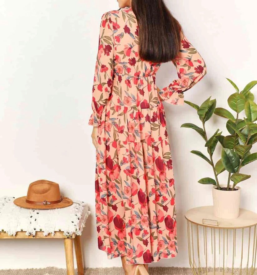 Women's Double Take Floral Frill Trim Flounce Sleeve Plunge Maxi Dress