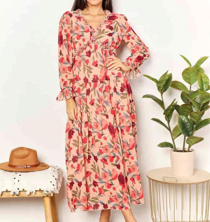 Women's Double Take Floral Frill Trim Flounce Sleeve Plunge Maxi Dress