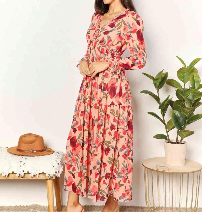 Women's Double Take Floral Frill Trim Flounce Sleeve Plunge Maxi Dress