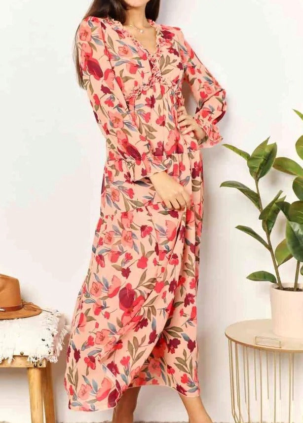 Women's Double Take Floral Frill Trim Flounce Sleeve Plunge Maxi Dress