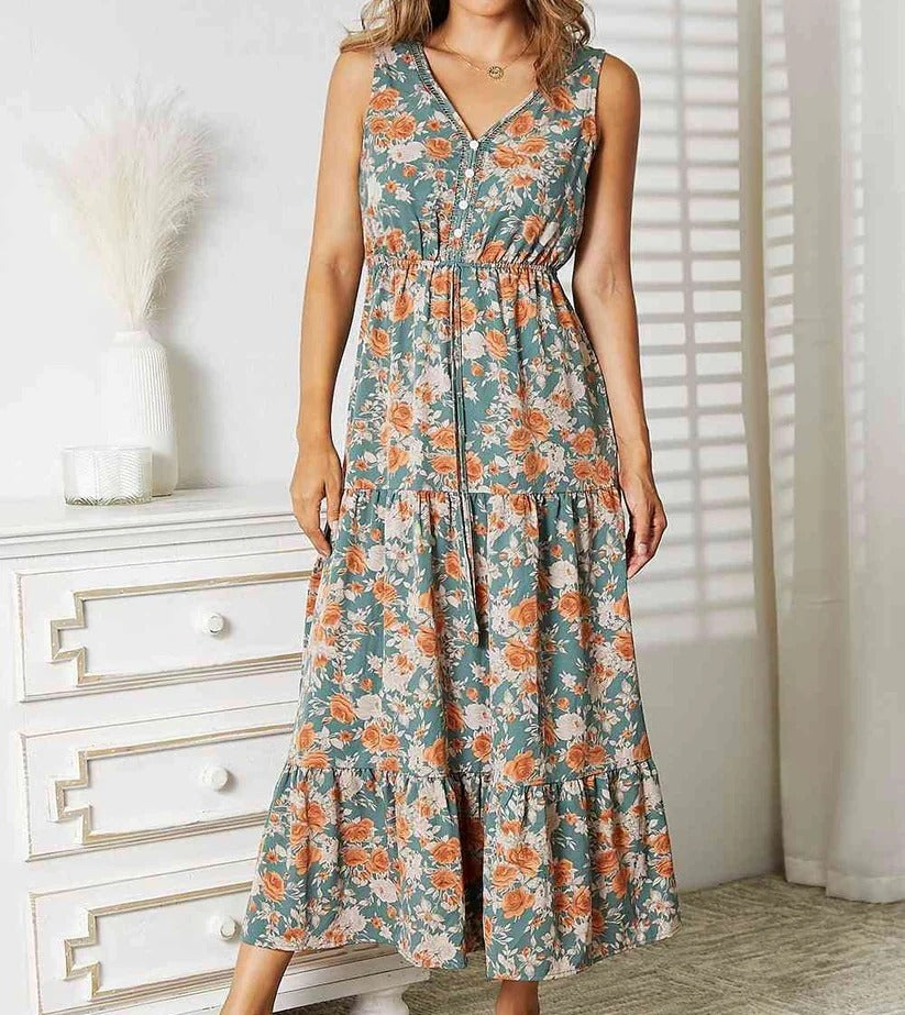 Women's Double Take Floral V-Neck Tiered Sleeveless Dress