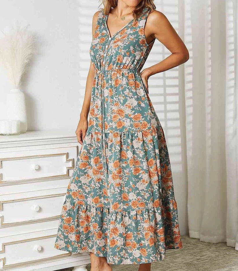 Women's Double Take Floral V-Neck Tiered Sleeveless Dress