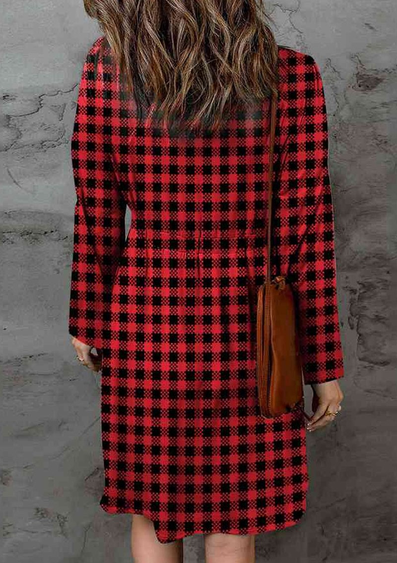 Women's Double Take Full Size Plaid Round Neck Long Sleeve Magic Dress