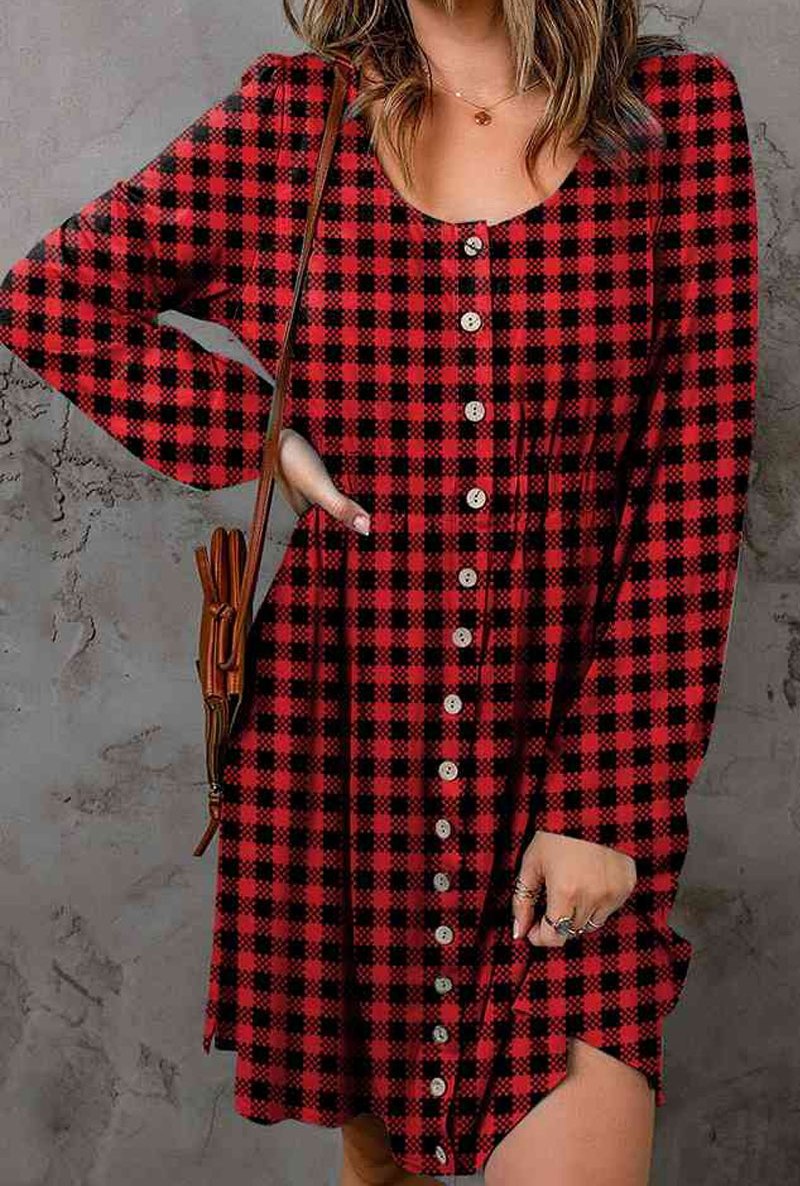 Women's Double Take Full Size Plaid Round Neck Long Sleeve Magic Dress