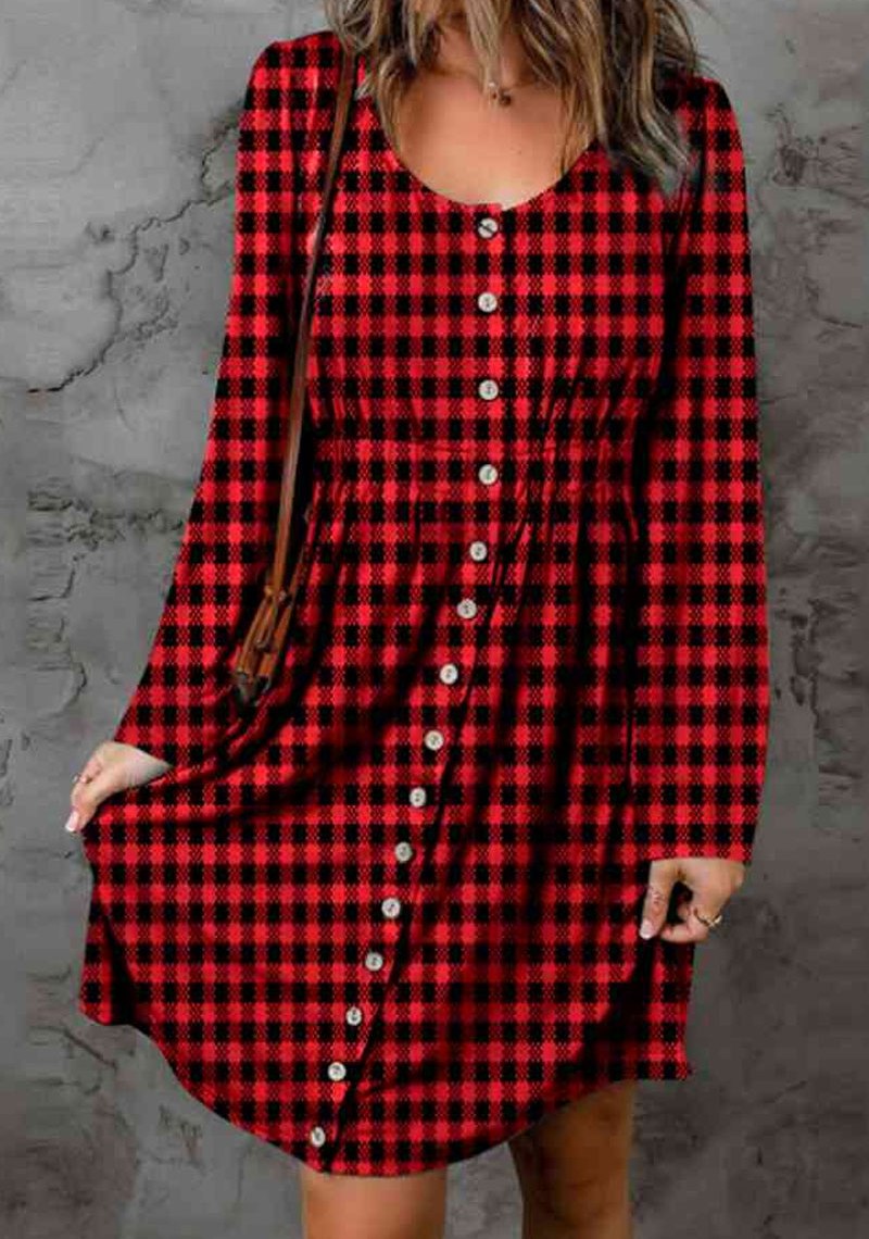 Women's Double Take Full Size Plaid Round Neck Long Sleeve Magic Dress