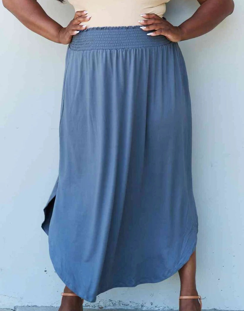Women's Doublju Comfort Princess Full Size High Waist Scoop Hem Maxi Skirt in Dusty Blue