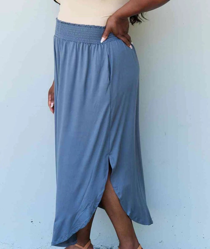 Women's Doublju Comfort Princess Full Size High Waist Scoop Hem Maxi Skirt in Dusty Blue
