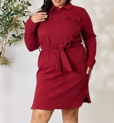Women's Culture Code Full Size Tie Front Half Zip Long Sleeve Shirt Dress