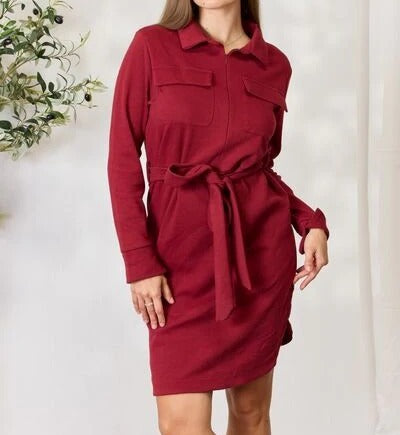Women's Culture Code Full Size Tie Front Half Zip Long Sleeve Shirt Dress
