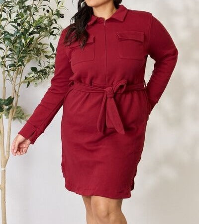 Women's Culture Code Full Size Tie Front Half Zip Long Sleeve Shirt Dress