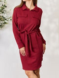 Women's Culture Code Full Size Tie Front Half Zip Long Sleeve Shirt Dress