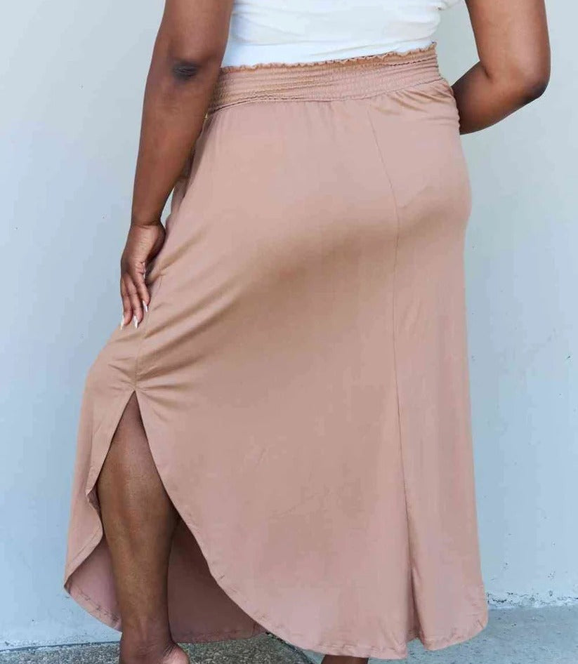 Women's Doublju Comfort Princess Full Size High Waist Scoop Hem Maxi Skirt in Tan