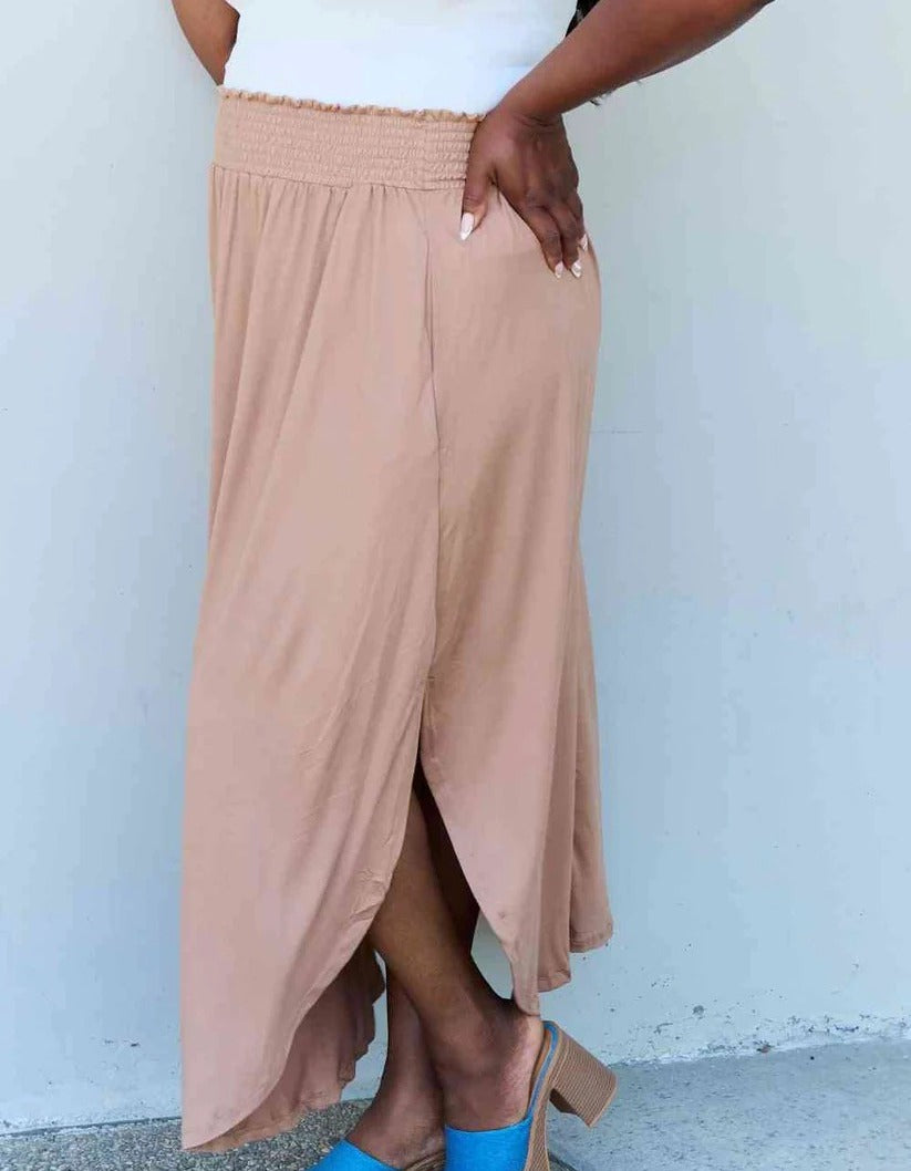 Women's Doublju Comfort Princess Full Size High Waist Scoop Hem Maxi Skirt in Tan