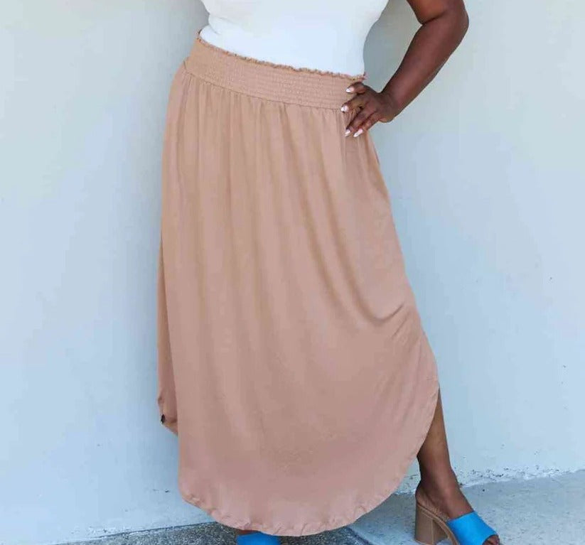 Women's Doublju Comfort Princess Full Size High Waist Scoop Hem Maxi Skirt in Tan