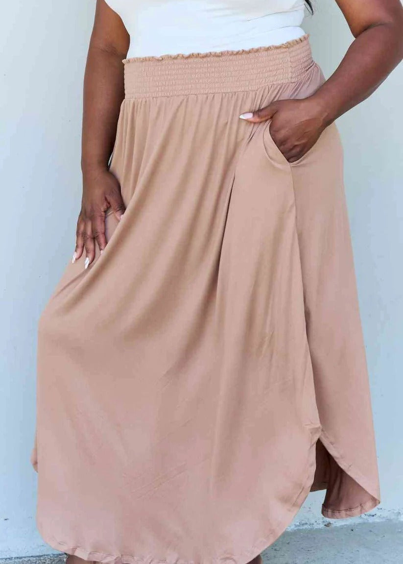 Women's Doublju Comfort Princess Full Size High Waist Scoop Hem Maxi Skirt in Tan