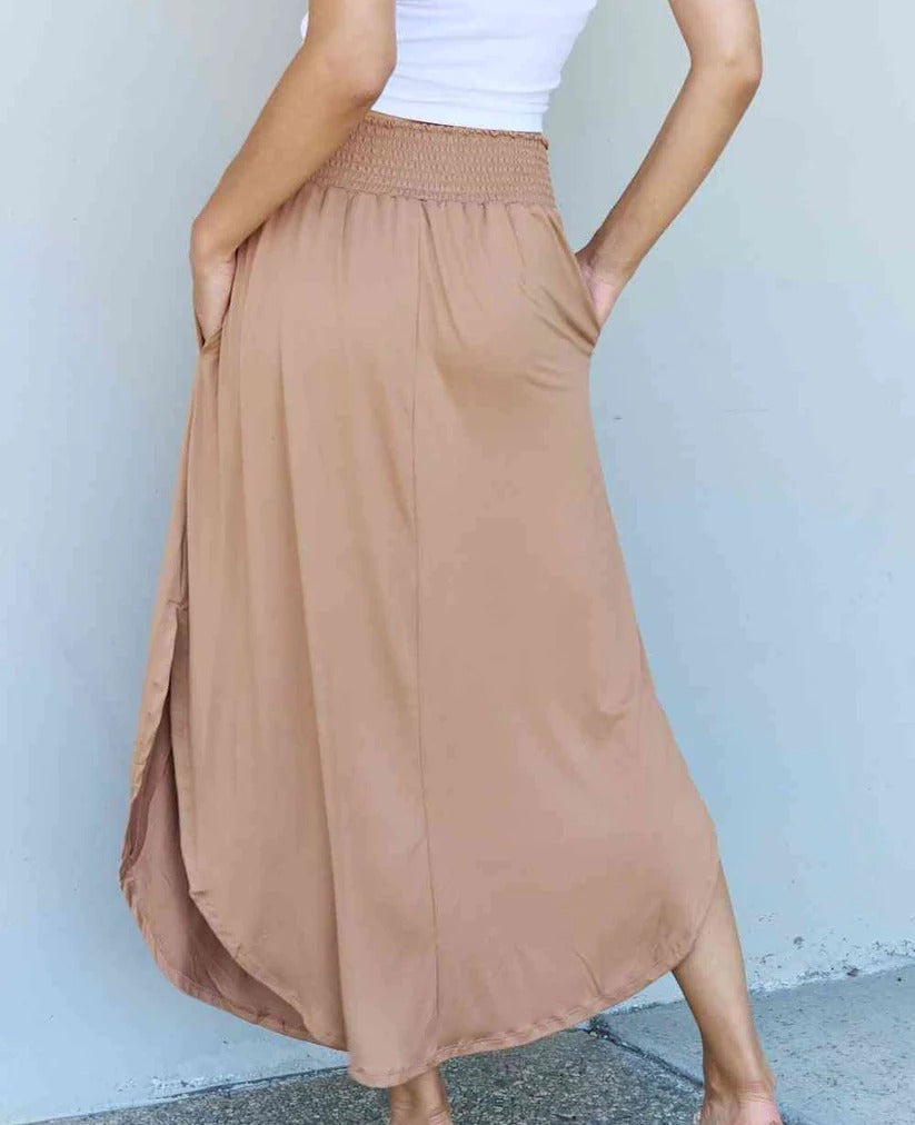 Women's Doublju Comfort Princess Full Size High Waist Scoop Hem Maxi Skirt in Tan