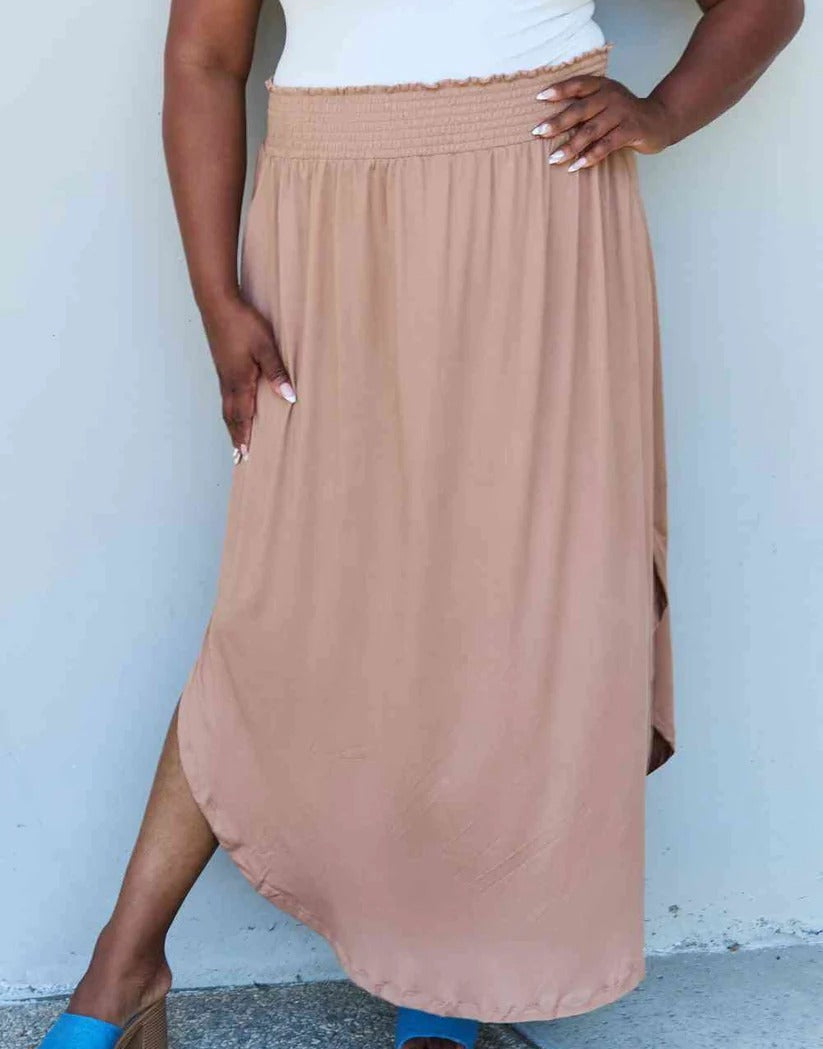 Women's Doublju Comfort Princess Full Size High Waist Scoop Hem Maxi Skirt in Tan