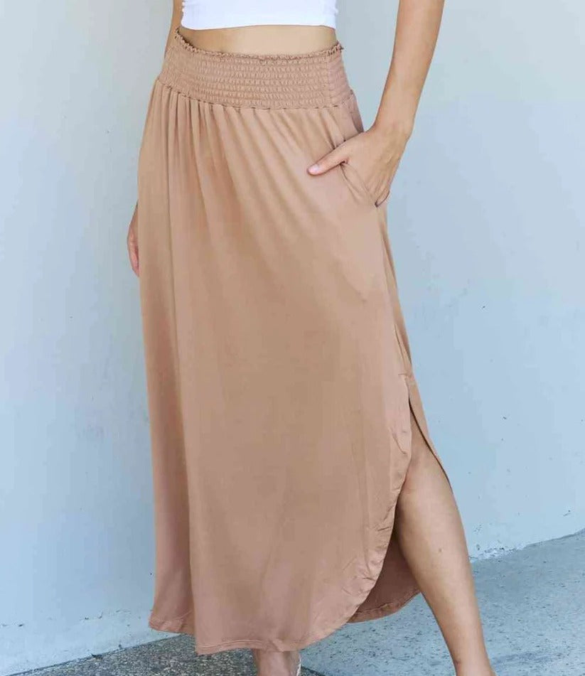 Women's Doublju Comfort Princess Full Size High Waist Scoop Hem Maxi Skirt in Tan