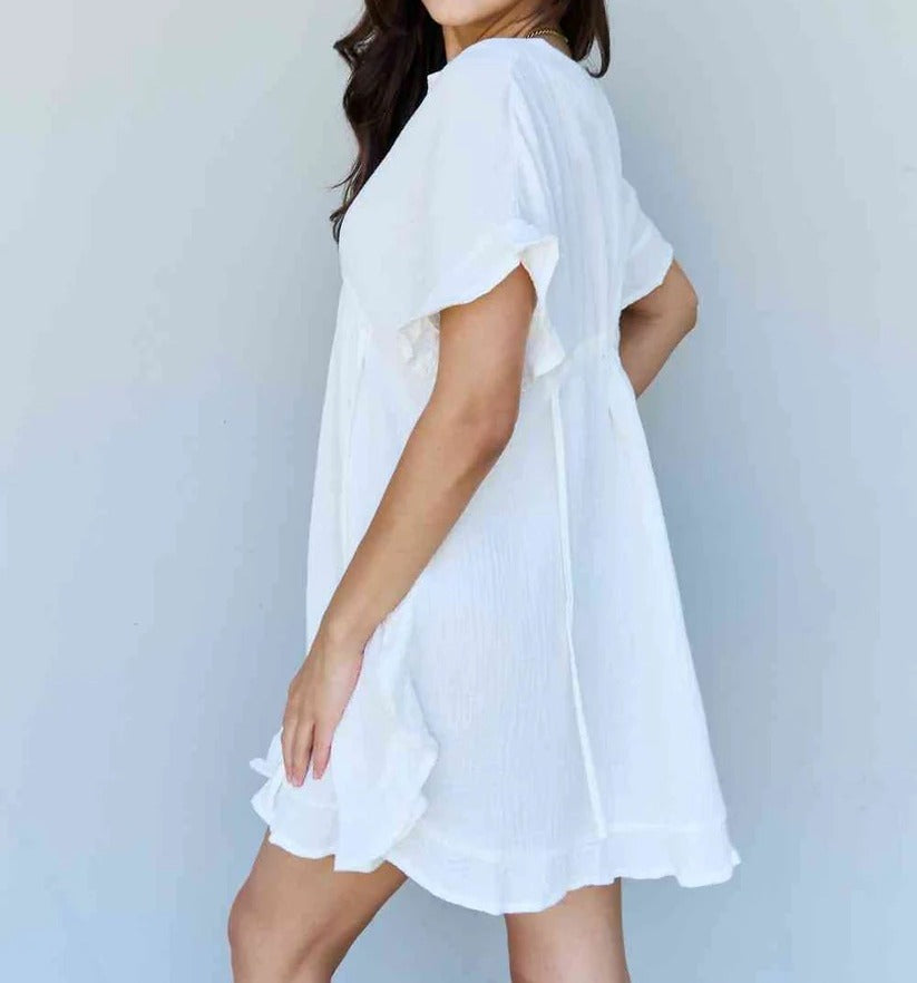 Women's Ninexis Out Of Time Full Size Ruffle Hem Dress with Drawstring Waistband in White