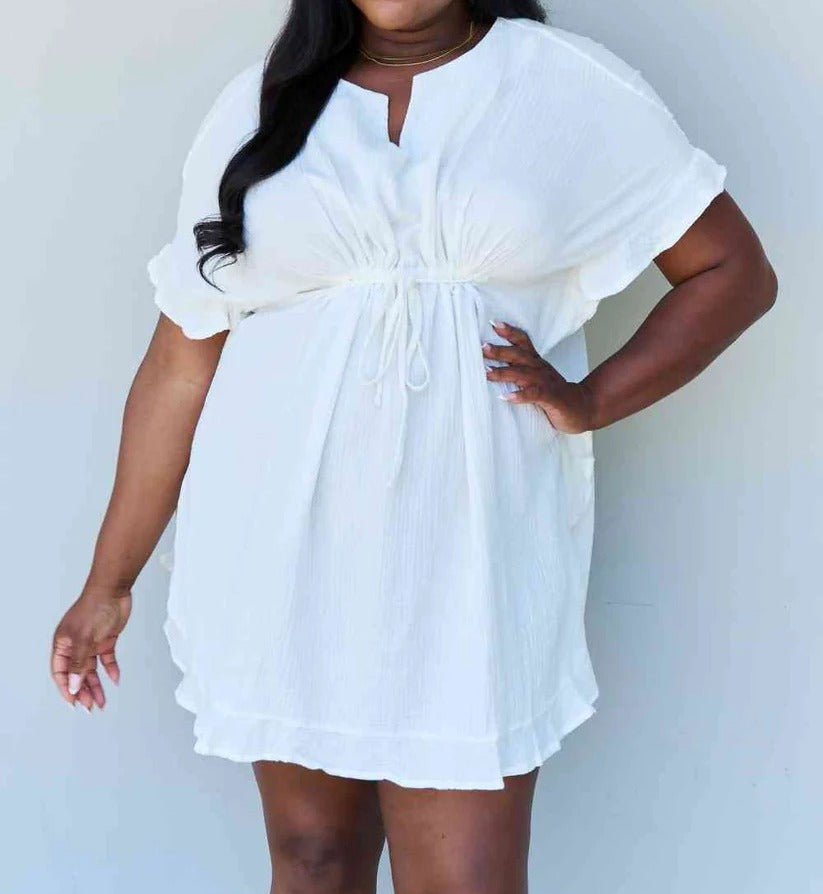 Women's Ninexis Out Of Time Full Size Ruffle Hem Dress with Drawstring Waistband in White