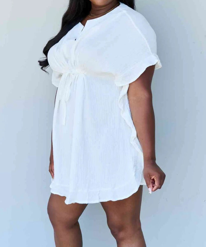 Women's Ninexis Out Of Time Full Size Ruffle Hem Dress with Drawstring Waistband in White