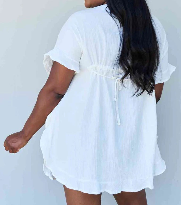 Women's Ninexis Out Of Time Full Size Ruffle Hem Dress with Drawstring Waistband in White