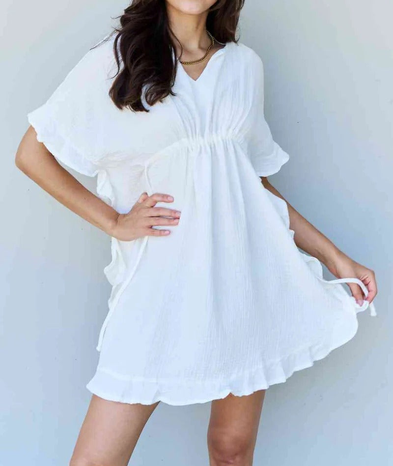 Women's Ninexis Out Of Time Full Size Ruffle Hem Dress with Drawstring Waistband in White