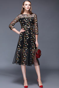Women Floral Embroidery Decorated Sheer Dress Black