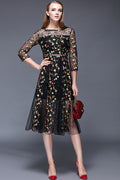 Women Floral Embroidery Decorated Sheer Dress Black