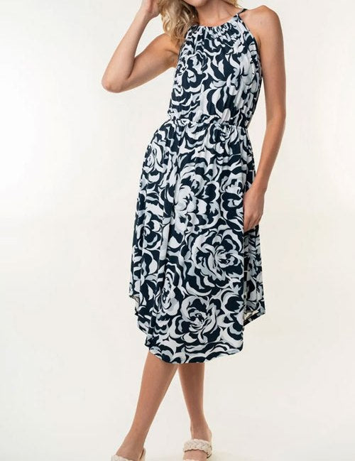 Women's White Birch Tied Ruched Floral Sleeveless Knee Length Dress