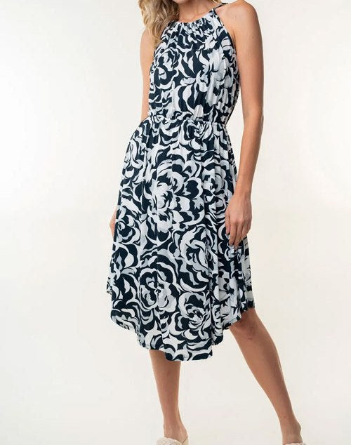 Women's White Birch Tied Ruched Floral Sleeveless Knee Length Dress