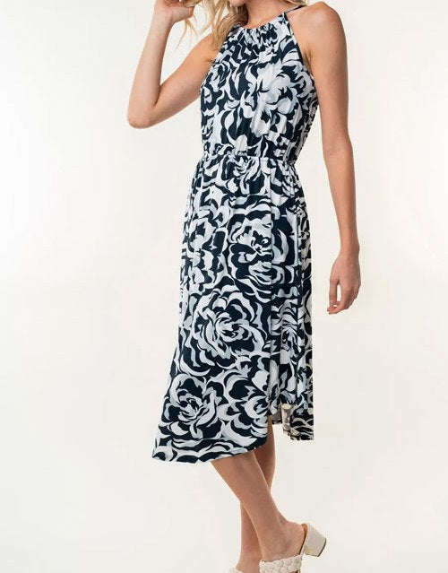 Women's White Birch Tied Ruched Floral Sleeveless Knee Length Dress