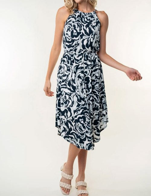 Women's White Birch Tied Ruched Floral Sleeveless Knee Length Dress