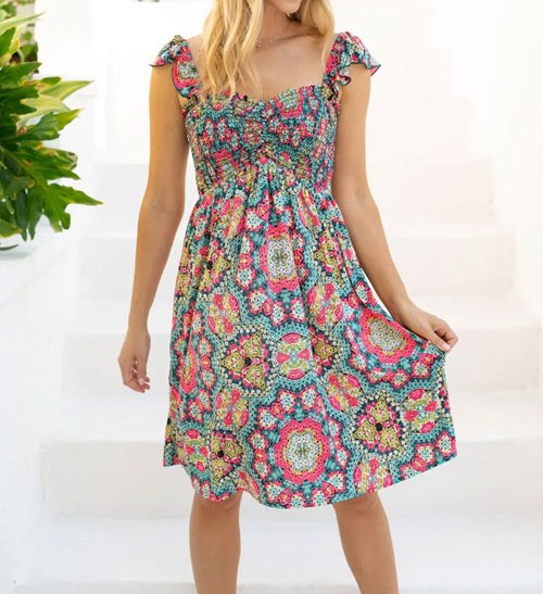 Women's White Birch Printed Smocked Sleeveless Dress