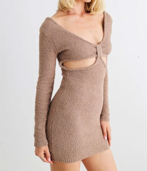 COLLECTION Fluffy Bow Cut-Out Detail Long Sleeve Mini Dress