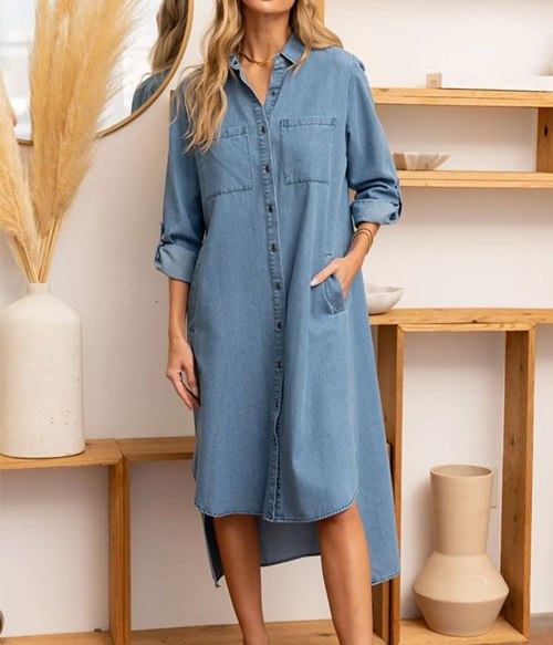 Women's Sew In Love High-Low Button Up Roll-Tab Sleeve Denim Dress
