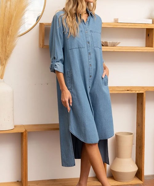 Women's Sew In Love High-Low Button Up Roll-Tab Sleeve Denim Dress