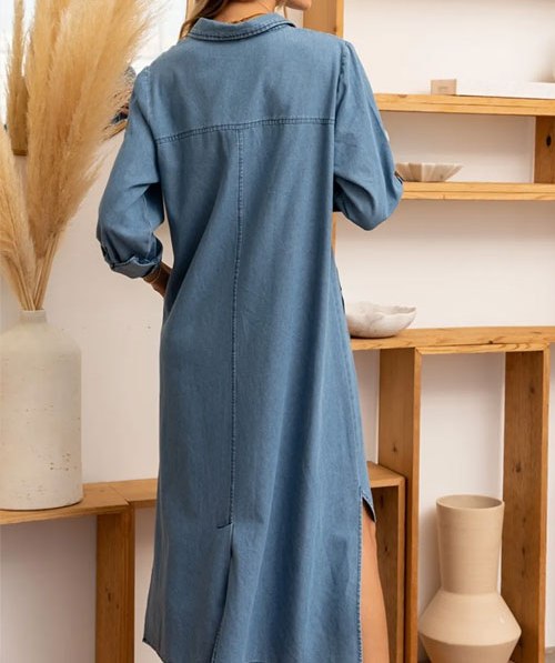 Women's Sew In Love High-Low Button Up Roll-Tab Sleeve Denim Dress
