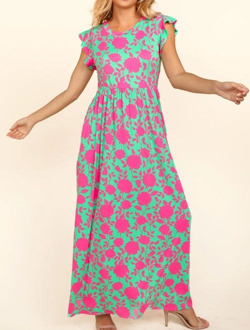 Women's Haptics Ruffled Printed Round Neck Cap Sleeve Dress