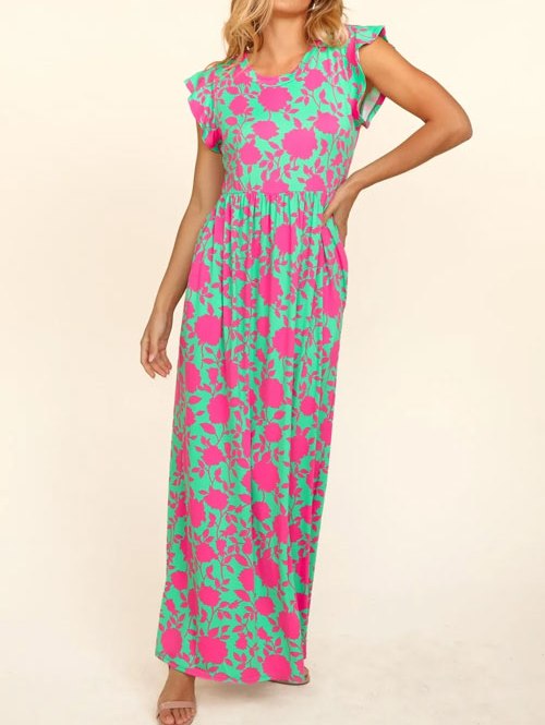 Women's Haptics Ruffled Printed Round Neck Cap Sleeve Dress