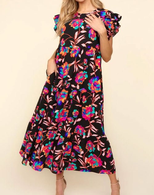 Women's Haptics Ruffled Printed Round Neck Cap Sleeve Dress