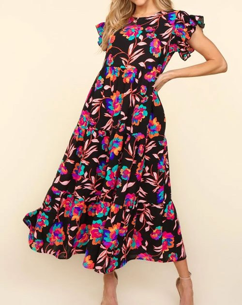 Women's Haptics Ruffled Printed Round Neck Cap Sleeve Dress