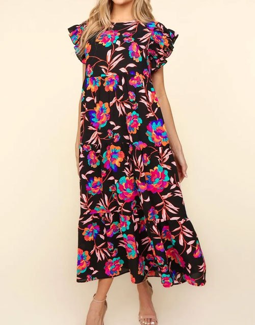 Women's Haptics Ruffled Printed Round Neck Cap Sleeve Dress