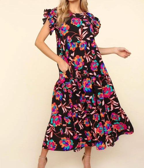 Women's Haptics Ruffled Printed Round Neck Cap Sleeve Dress