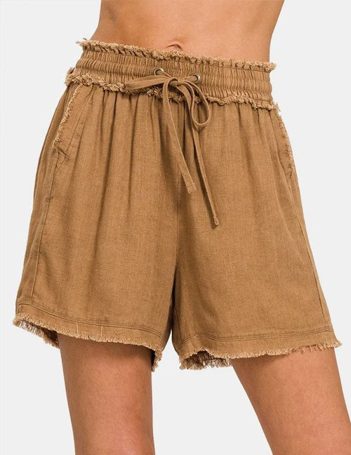Women's Zenana Washed Linen Frayed Hem Drawstring Shorts