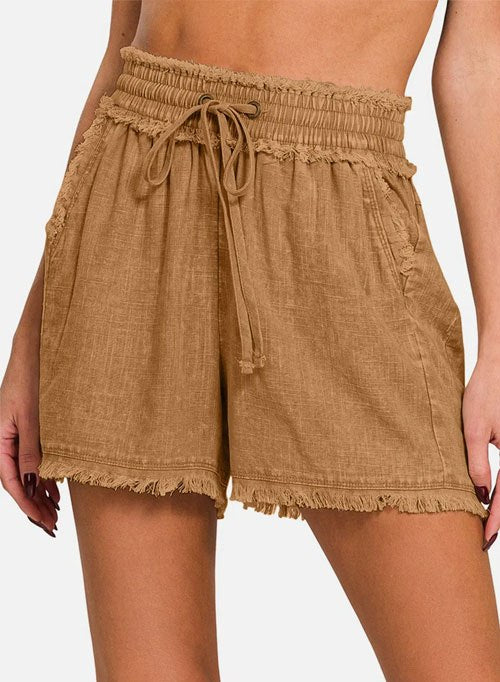 Women's Zenana Washed Linen Frayed Hem Drawstring Shorts