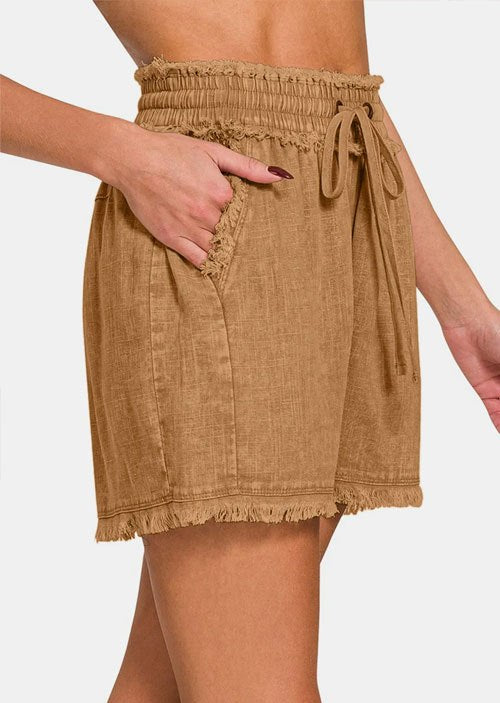 Women's Zenana Washed Linen Frayed Hem Drawstring Shorts