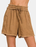 Women's Zenana Washed Linen Frayed Hem Drawstring Shorts
