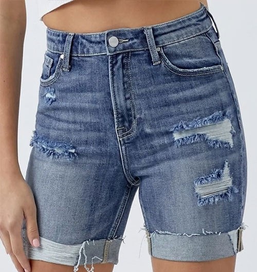 Women's RISEN Full Size Distressed Rolled Denim Shorts with Pockets
